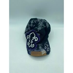 Chelona USA Fleur De Lis Cadet Hat Black Purple Rhinestone Distressed Military